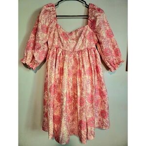 Pink Floral Empire Waist Puff Sleeve Dress